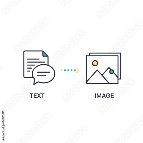 Icon representing the conversion of text into an image, showing a document and speech bubble transforming into a landscape picture.