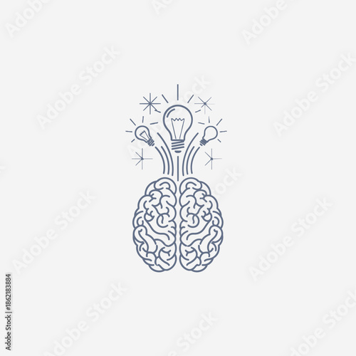 A stylized line drawing of a human brain with three light bulbs emerging from the top, symbolizing ideas and creativity.