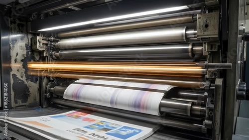 Industrial printing press in action showcasing automated processes with metallic textures and dynamic movement creating newspapers with information