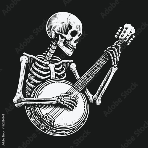 Skeleton musician playing a banjo in a vintage engraving style.