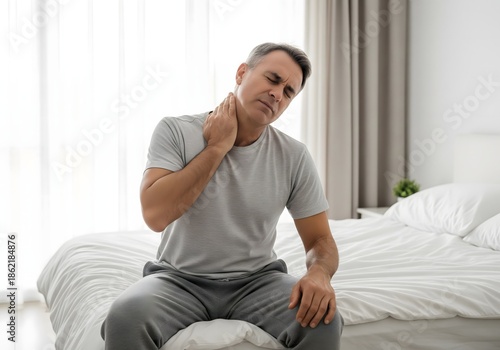 Middle-aged man sitting on bed holding his neck in pain at home, suffering from cervical pain, muscle strain, poor posture, stress, or chronic neck and shoulder discomfort