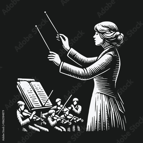 Elegant female conductor directs a classical music performance illustration.