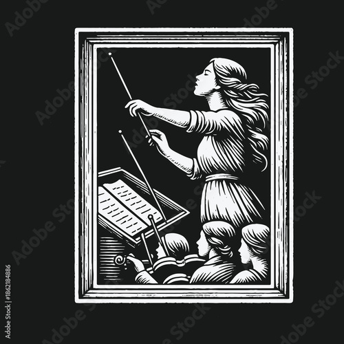 Vintage style woodcut illustration of a female conductor leading an orchestra.