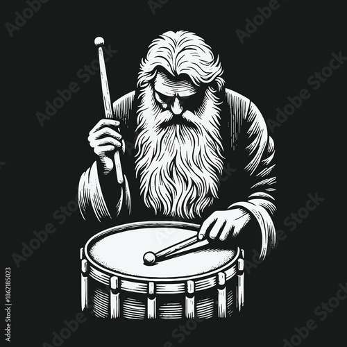 Wise old sage with a long white beard playing a rhythmic beat on a snare drum.