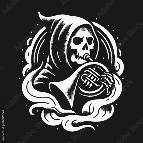Grim Reaper playing a haunting melody on a French horn illustration.