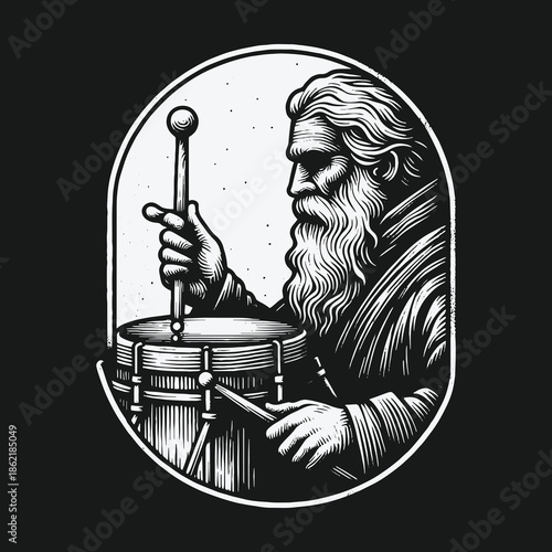 Vintage black and white illustration of a wise old man playing a drum.