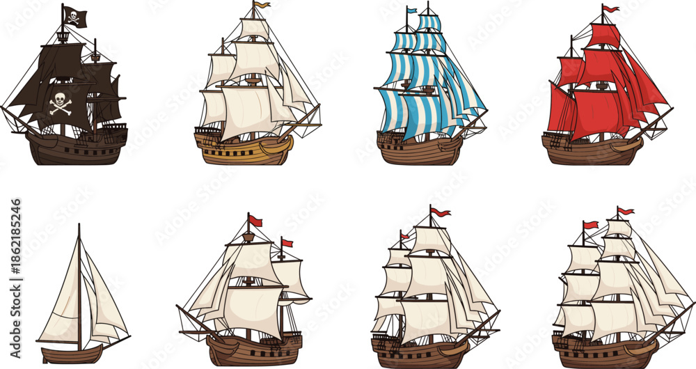 Εκτύπωση καμβά Sailing Ship and Pirate Ship Illustration Set Featuring Historic Wooden Vessels,