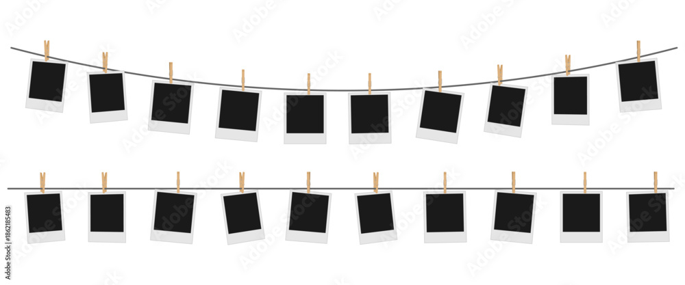 Εκτύπωση καμβά blank polaroid photo hung in a row on a rope with clothespin, vector illustration isolated on white background