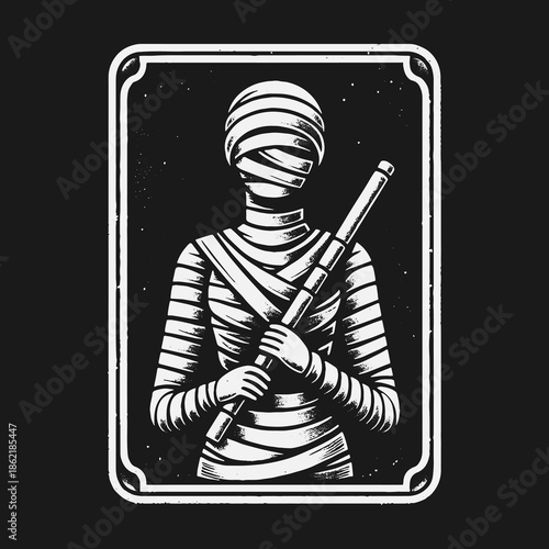 Vintage monochrome illustration of a bandaged mummy holding a spyglass.