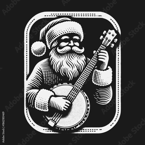 Vintage black and white illustration of Santa Claus playing banjo music.