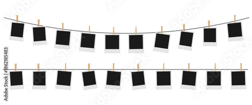 blank polaroid photo hung in a row on a rope with clothespin, vector illustration isolated on white background.