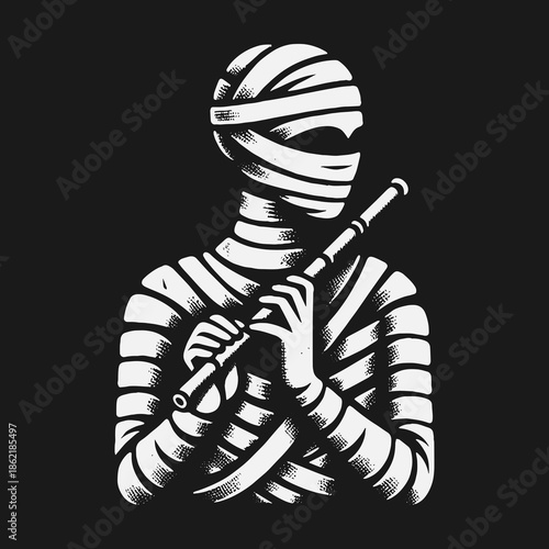 Ancient mummy musician playing a haunting melody on a flute.