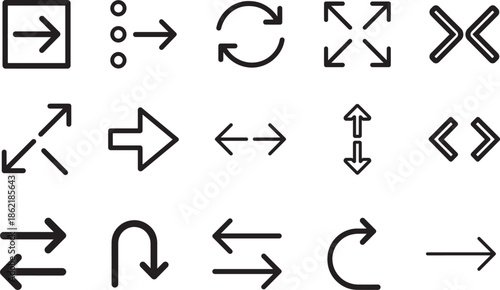   Arrow icon set with multiple directions, exchange, navigation, comparison, collapse, outline style.