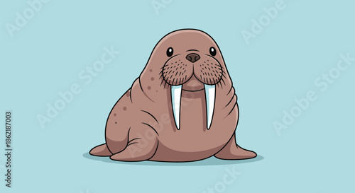 Adorable cartoon walrus with long white tusks and a friendly face sitting on a light blue background in a simple character style.