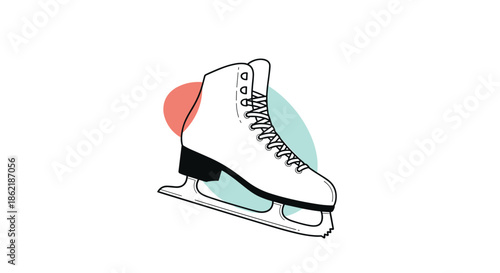 White figure ice skate with black sole and laces surrounded by abstract coral and teal shapes for winter sports and recreation themes.