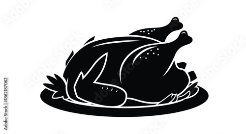 Bold black silhouette of a roasted turkey or chicken on a serving platter for holiday feasts like thanksgiving and christmas dinners.