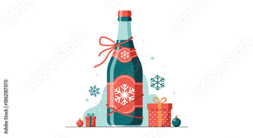 Elegant bottle of champagne with a red bow surrounded by gift boxes snowflakes and ornaments for New Year or Christmas celebrations.
