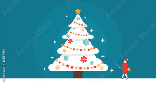 Stylized white Christmas tree decorated with colorful flowers and stars while a person in a red outfit walks by with a small dog.