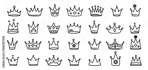 Hand drawn doodle crown big set in black outline. Childlike line art crowns drawn in doodle sketch style. Vector illustration isolated.