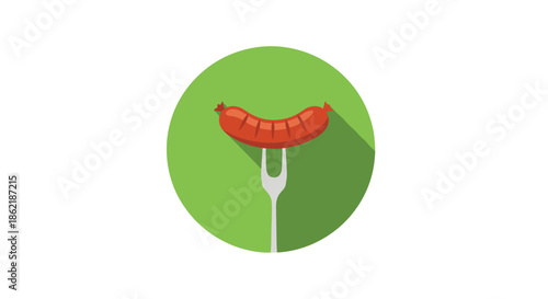 Tasty grilled sausage served on a meat fork icon with a long shadow against a green circular background for barbecue and grill themes.