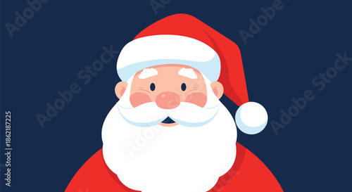 Friendly portrait of Santa Claus with a big white beard and red hat set against a dark blue background for Christmas holiday designs.