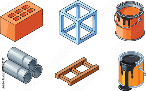 Construction materials icon illustration set, brick concrete block paint bucket steel pipes pallet isolated on white background design