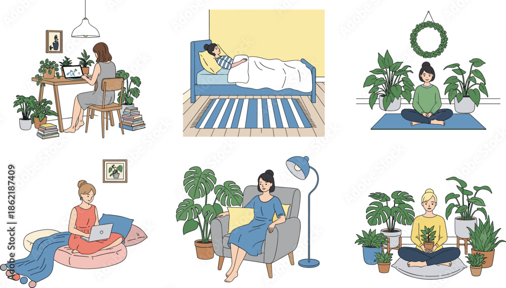 Obraz premium Indoor Relaxation Lifestyle Illustration Set Showing People Resting, Sleeping, Reading, Meditating, and Enjoying Cozy Home Moments with Houseplants