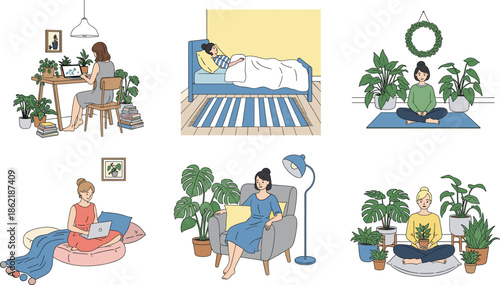 Indoor Relaxation Lifestyle Illustration Set Showing People Resting, Sleeping, Reading, Meditating, and Enjoying Cozy Home Moments with Houseplants