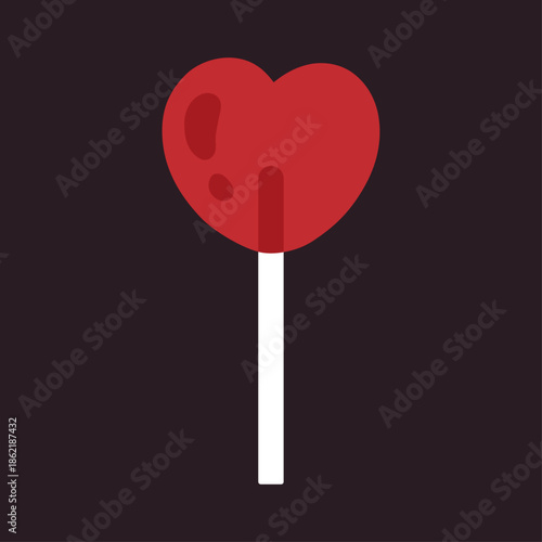 Red heart lollipop on a white stick, isolated on dark background. Sweet Valentine’s Day symbol of love and romance, candy treat with glossy highlights. Minimal composition, bold red tone for february.
