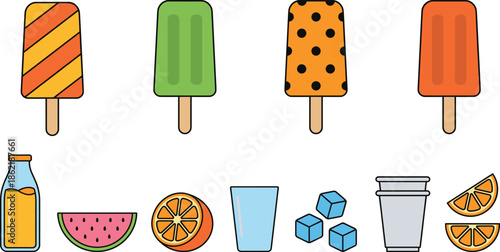Ice cream popsicle icon set illustration, colorful frozen desserts fruits drinks isolated on white background for summer design