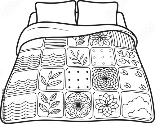 A line art drawing of a weighted blanket, quilted are filled with different calming patterns waves, leaves, stars. Vector illustration