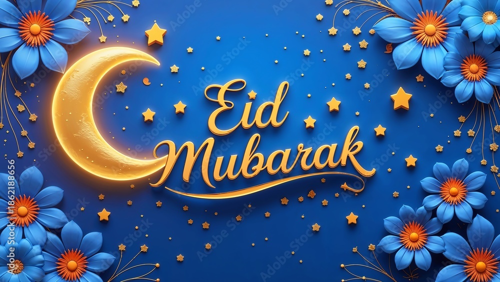 Fototapeta premium Eid mubarak greeting card with golden crescent moon and stars