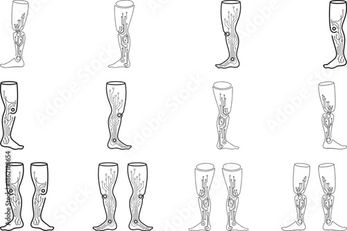 A set of prosthetic legs vector line art, outline of a biometric robotic leg, with electronic circuit patterns