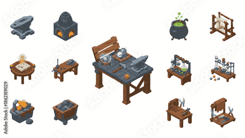 Medieval Crafting Stations and Tools Isometric Collection.