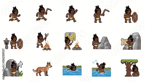 Collection of cartoon caveman characters in various activities.