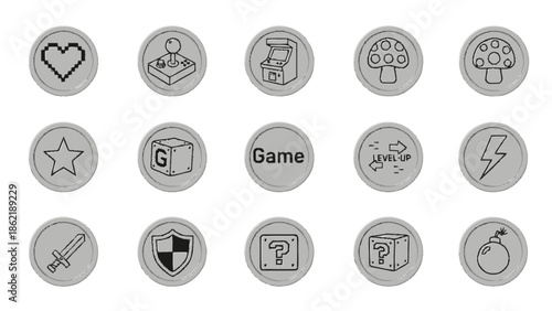 Collection of Vintage Video Game Icons and Symbols.
