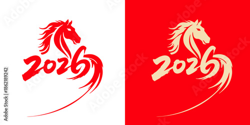 Vibrant 2026 Year of the Horse logo with dynamic red and gold color schemes, perfect for celebrating the chinese new year and lunar new year with a modern and elegant design