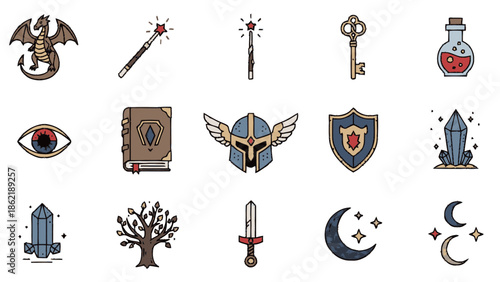 Fantasy Icons Collection Featuring Magical Objects and Creatures.