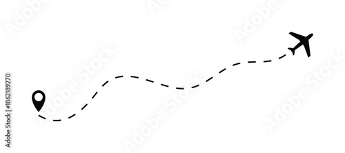 The plane icon follow from start pin point to finish by dashed line. Airplane dashed line path flat style design isolated on white background. Airplane route trace flight air map.