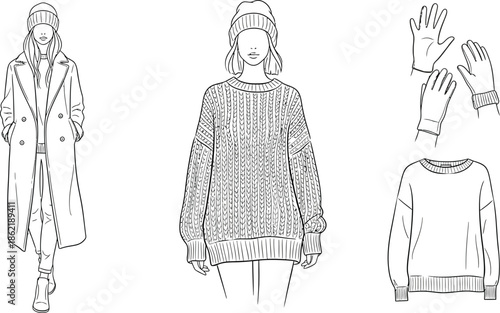 Fashion illustration outline of a stylish woman walking confidently wearing a long flowing trench coat and tailored trousers suitable for coloring pages or design work