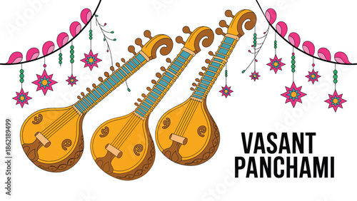  Vasant Panchami festival illustration with traditional indian veena instruments, decorative floral garlands and hanging ornaments, celebrating spring, music, culture and hindu seasonal celebration