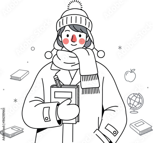 Young student dressed warmly in winter attire holding a notebook and pencil surrounded by floating educational icons suggesting learning during cold weather months