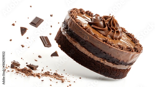 Dynamic floating chocolate cake dessert isolated on white, highlighting rich texture and indulgent sweetness.