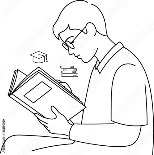 Focused male student wearing glasses intently reading an open textbook surrounded by educational symbols representing deep learning and academic achievement