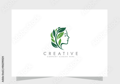 Organic Beauty Line Art Logo with Woman and Leaves, beauty logo, Skincare icon vector design