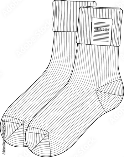 Detailed line art illustration depicting a pair of folded ribbed ankle socks featuring a small stitched care label near the cuff ready for fashion design.