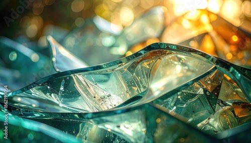 Abstract shards of glass with light reflections and colors.