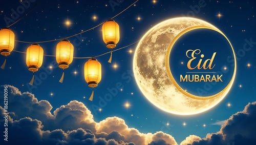 Eid mubarak celebration with lanterns and moon in the night sky