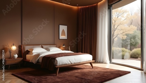 A modern bedroom interior in a decent  color scheme with lawn view, trending architecture