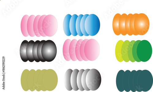 A collection of colorful, abstract, rounded shapes arranged in a grid pattern on a white background, viewed from directly above.